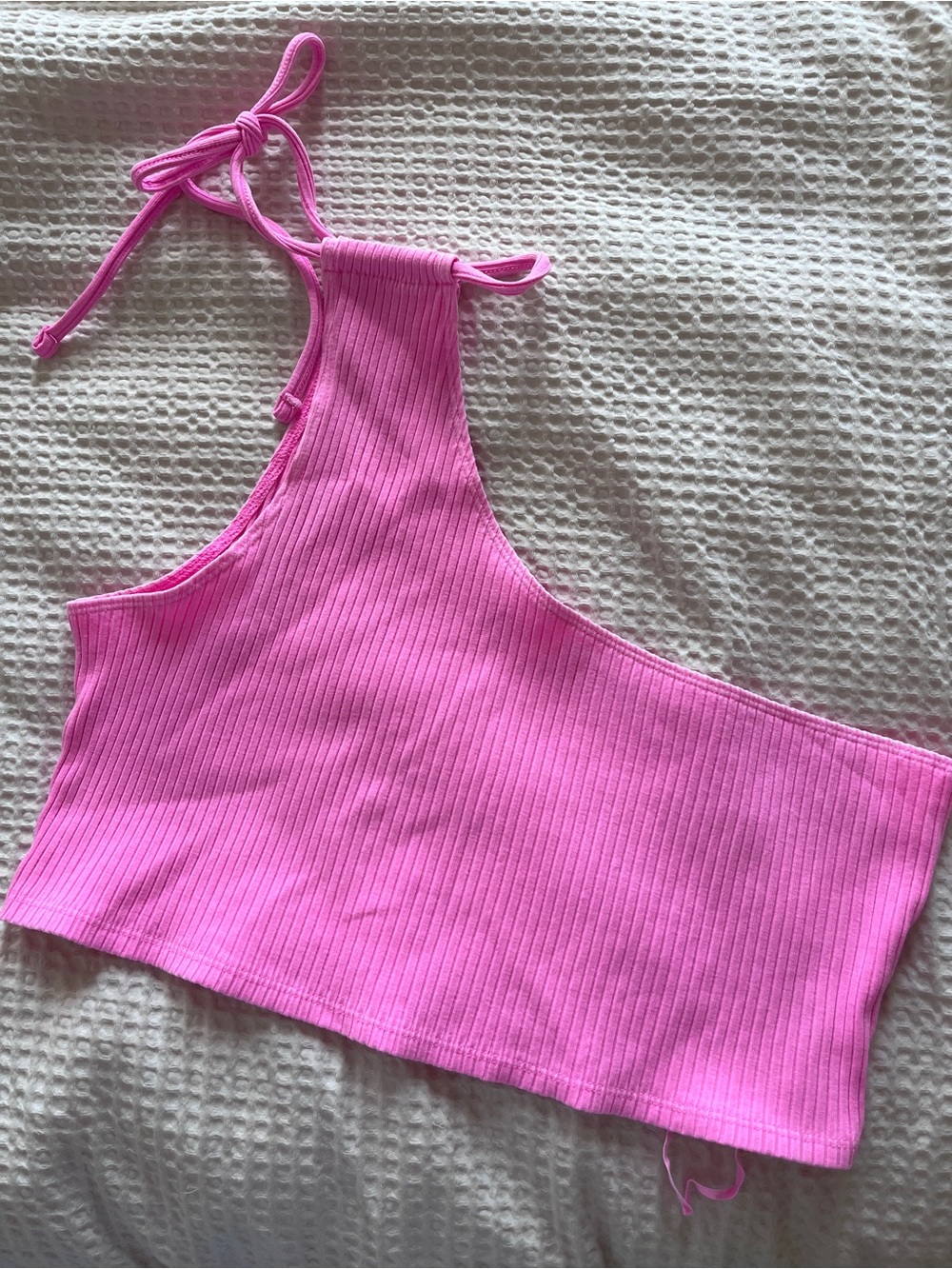 Aerie Pink Ribbed Crop Top with Tie Sleeve Detail